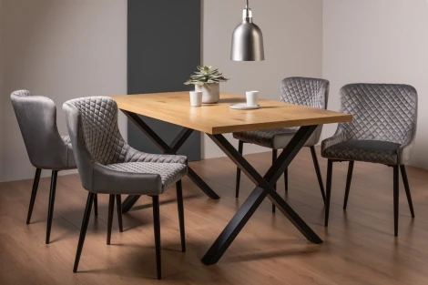 H51004X-01-VGY-4 - Ramsay - Oak Melamine Top - Rectangular- 6 Seater Dining Table X Leg & 4 Grey Velvet Chairs - Black Legs