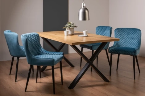 H51004X-01-VPB-4 - Ramsay - Oak Melamine Top - Rectangular- 6 Seater Dining Table X Leg & 4 Petrol Blue Velvet Chairs - Black Legs