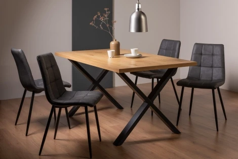H51004X-10-FGY-4 - Ramsay - Oak Melamine - Rectangular- 6 Seater Dining Table X Leg & 4 Dark Grey Faux Leather Chairs - Black Legs