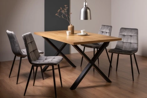 H51004X-10-VGY-4 - Ramsay - Oak Melamine - Rectangular- 6 Seater Dining Table X Leg & 4 Grey Velvet Fabric Chairs - Black Legs