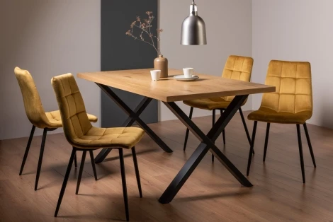 H51004X-10-VMU-4 - Ramsay - Oak Melamine - Rectangular- 6 Seater Dining Table X Leg & 4 Mustard Velvet Fabric Chairs - Black Legs