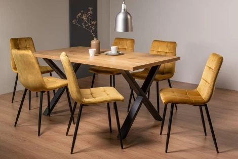 H51004X-10-VMU-6 - Ramsay - Oak Melamine Top - Rectangular- 6 Seater Dining Table X Leg & 6 Mustard Velvet Chairs - Black Legs