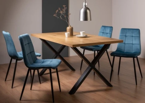 H51004X-10-VPB-4 - Ramsay - Oak Melamine 6 Seater Dining Table with X Leg & 4 Mondrian Petrol Blue Velvet Chairs