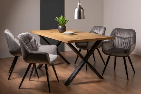 H51004X-40-VGY-4 - Ramsay - Oak Melamine Top - Rectangular- 6 Seater Dining Table X Leg & 4 Grey Velvet Fabric Chairs - Black Legs