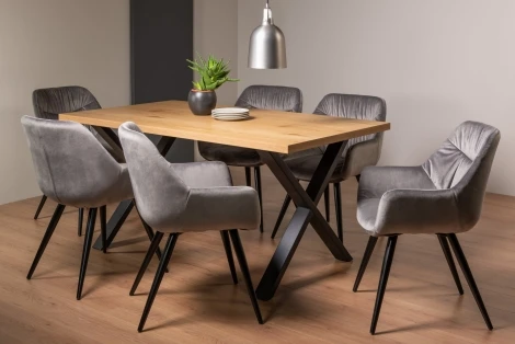 H51004X-40-VGY-6 - Ramsay - Oak Melamine - Rectangular- 6 Seater Dining Table X Leg & 6 Grey Velvet Fabric Chairs - Black Legs