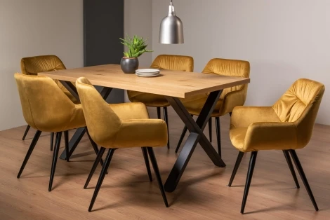 H51004X-40-VMU-6 - Ramsay - Oak Melamine - Rectangular- 6 Seater Dining Table X Leg & 6 Mustard Velvet Fabric Chairs - Black Legs