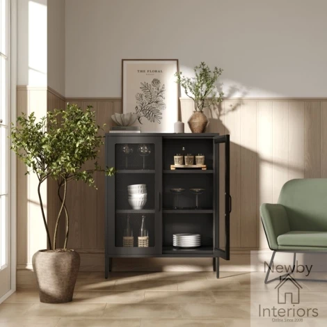 REUBLACAB - Reuben Black Steel Cabinet with Mesh Door Panel Front