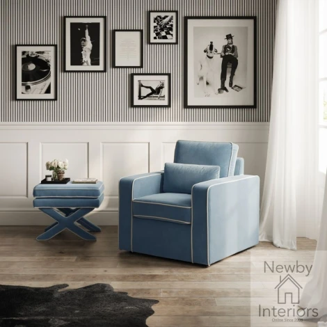 RHOIBLSTO - Rhode Ice Blue Velvet Pillow Top Stool with X Shaped Legs