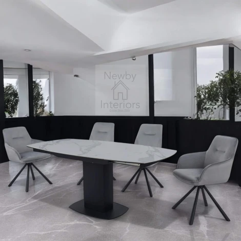 DTX-930-CH-355 - Ritz Matte White Ceramic Swivel Extending Dining Table & Grey Chairs (120-180cm)