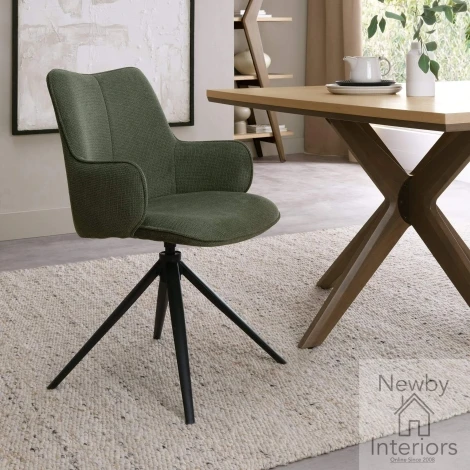H2070-09-GRN-S - Rowan Green Fabric Self Returning Swivel Dining Chair with Black Legs