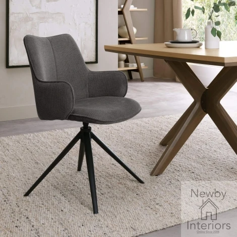 H2070-09-GRY-S - Rowan Grey Fabric Self Returning Swivel Dining Chair with Black Legs