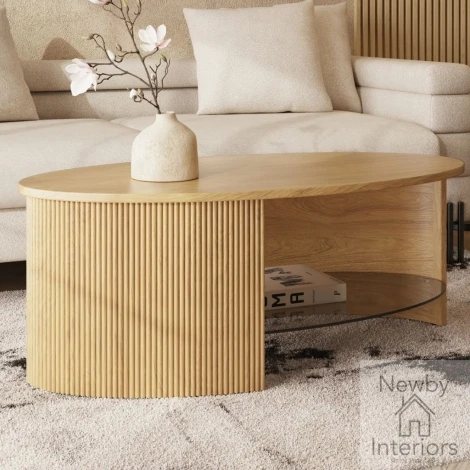JF301 OAK FLUTED - Roma Oak Fluted Round Coffee Table with Glass Shelf