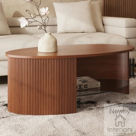 JF301 WALNUT FLUTED - Roma Walnut Fluted Round Coffee Table with Glass Shelf