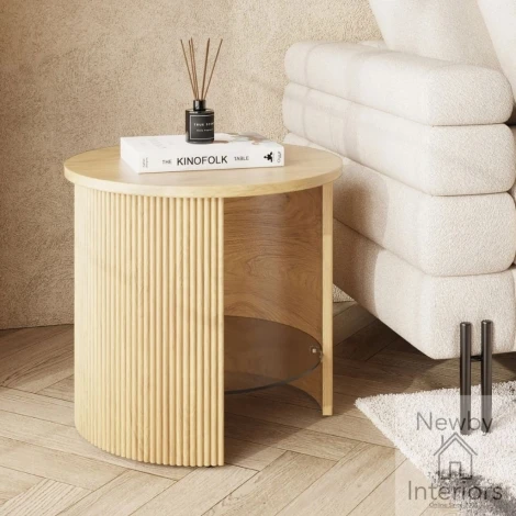 JF303 OAK FLUTED - Roma Oak Fluted Round Side Table with Glass Shelf