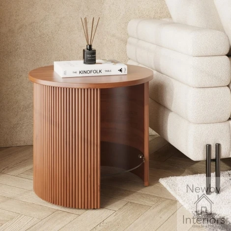 JF303 WALNUT FLUTED - Roma Walnut Fluted Round Side Table with Glass Shelf