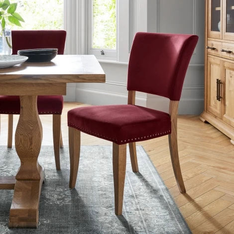 Rustic Oak Dining Chair, Crimson Velvet (Pair)