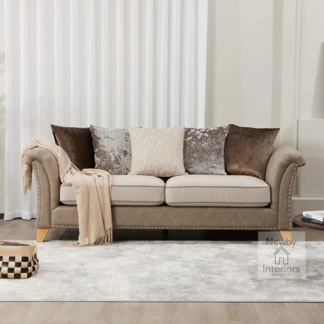 RUSSE-3R-BM-MF - Russe Beige Faux Leather 3 Seater Pillow Back Sofa