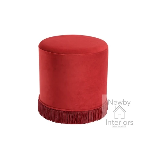 SANSMLBRIPOU - Santos Red Brick Velvet Small Round Pouffe with Fringe Trim Base