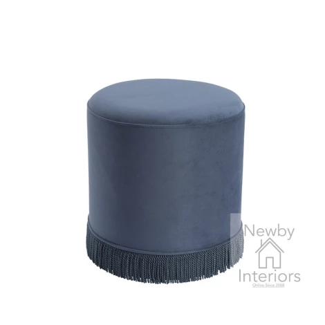 SANSMLFBLPOU - Santos French Blue Velvet Small Round Pouffe with Fringe Trim Base