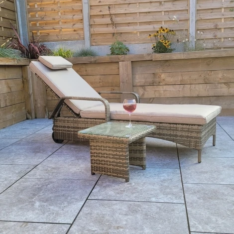 Savannah Outdoor Sun Lounger with Drinks Table, Brown Wicker