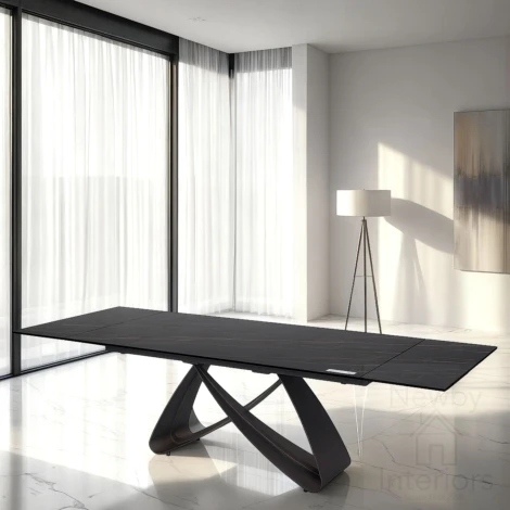 DTX-428BL - Serpenti Matte Black & Gold Vein Ceramic Side Extending Dining Table (180-260cm)