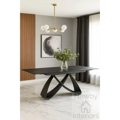 DTX-428BL - Serpenti Matt Ceramic Side Extending Dining Table 180–260cm Rectangular Sunset Gold Vein Top Black Base