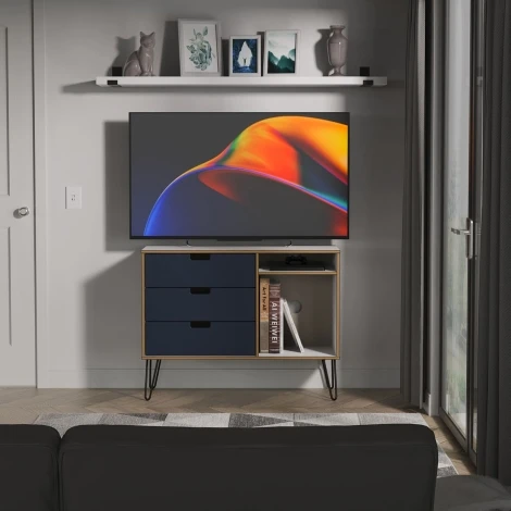 SH246-IMWM-C - Shanghai - Indigo White Matt 3 Drawer TV Unit - Black Hairpin Legs