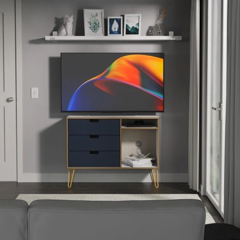 SH246-IMWM-F - Shanghai - Indigo White Matt 3 Drawer TV Unit - Gold Hairpin Legs