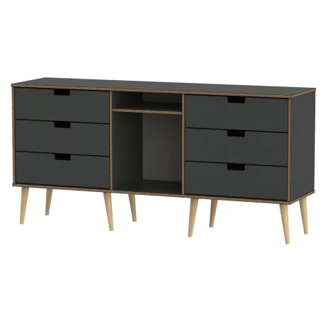 SH247-GB-A - Shanghai - Graphite 6 Drawer TV Unit - Natural Wood Legs