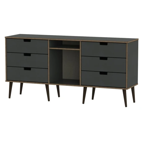 SH247-GB-B - Shanghai - Graphite 6 Drawer TV Unit - Black Wood Legs