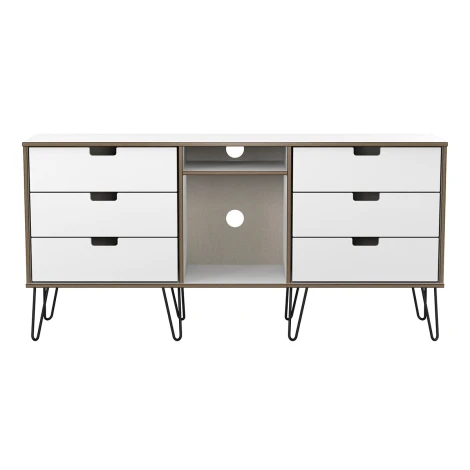 SH247-WM-C - Shanghai - White Matt 6 Drawer TV Unit - Black Hairpin Legs