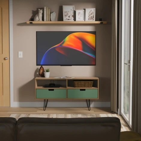 SH250-LBBO-C - Shanghai - Labrador Bardolino Oak Large Media Unit - Black Hairpin Legs