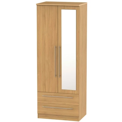 SHE082-O - Sherwood - 2 Door 2 Drawer Tall  Mirrored Wardrobe - Modern Oak Finish