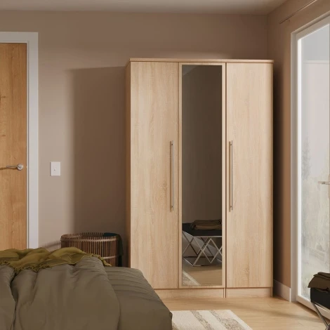 SHE137-BO - Sherwood - 3 Door Triple Mirror Wardrobe - Bardolino Oak Finish