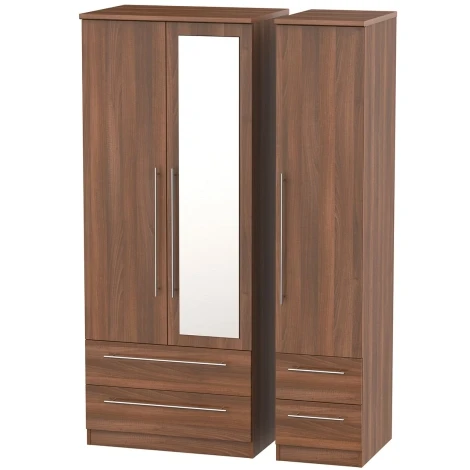 SHE152-N - Sherwood - 3 Door 4 Drawer Triple Mirror Wardrobe - Noche Walnut Finish