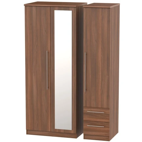 SHE157-N - Sherwood - 3 Door 2 Small Drawer Triple Mirror Wardrobe - Noche Walnut Finish