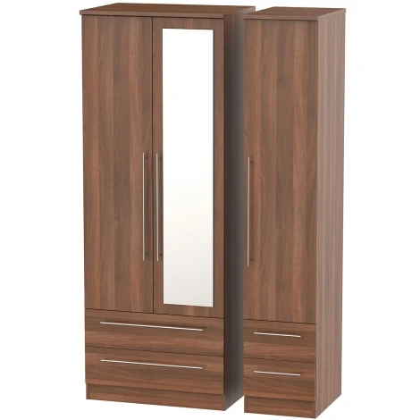 SHE162-N - Sherwood - 3 Door 4 Drawer Tall Triple Mirror Wardrobe - Noche Walnut Finish