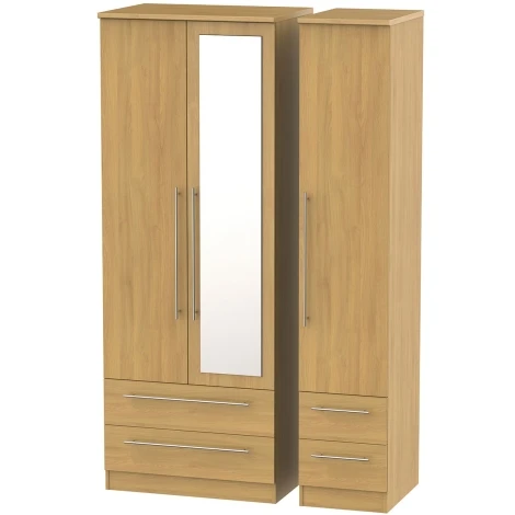 SHE162-O - Sherwood - 3 Door 4 Drawer Tall Triple Mirror Wardrobe - Modern Oak Finish