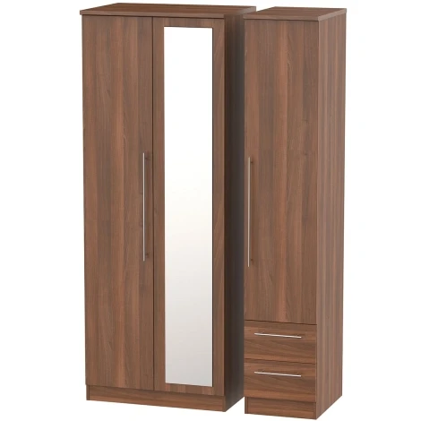 SHE167-N - Sherwood - 3 Door 2 Small Drawer Tall Triple Mirror Wardrobe - Noche Walnut Finish