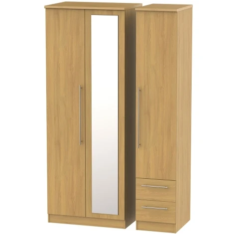 SHE167-O - Sherwood - 3 Door 2 Small Drawer Tall Triple Mirror Wardrobe - Modern Oak Finish