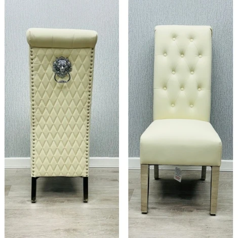 DC681 - Sofia Cream PU, Silver Lion Knocker Dining Chair (Pair)