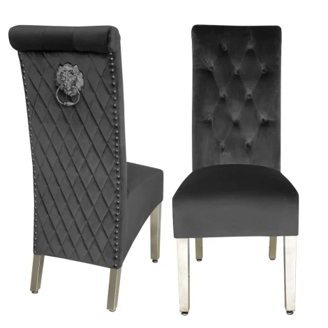 Sofia Grey Velvet, Silver Lion Knocker Dining Chair (Pair)