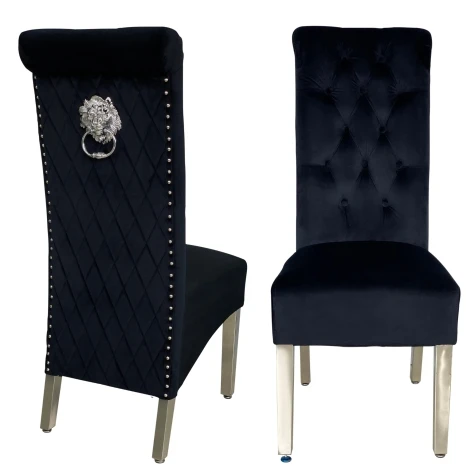 DC972 - Sofia Black Velvet, Silver Lion Knocker Chair (Pair)