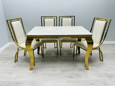 MDT1095 - Sofia - Cream Marble Top 1.5m Medum Dining Table with Gold Legs