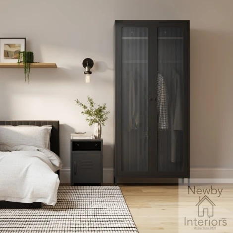 STOBLA2ROBE - Storm Black Steel Framed 2 Door Wardrobe with Glass panels Front