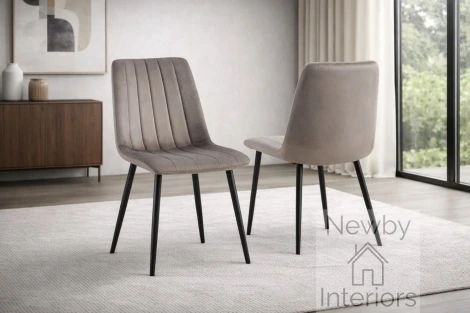 CH-131GR - Teora Grey Velvet Dining Chairs Channel Stiched Back with Black Metal Legs (Pair)