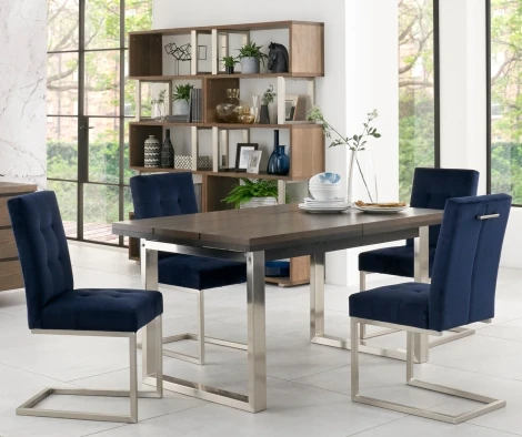 Tivoli Dark Oak 4-6 Seater Table & 4 Cantilever Chairs in Dark Blue Velvet