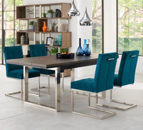 Tivoli Dark Oak 4-6 Seater Table & 4 Cantilever Chairs in Sea Green Velvet