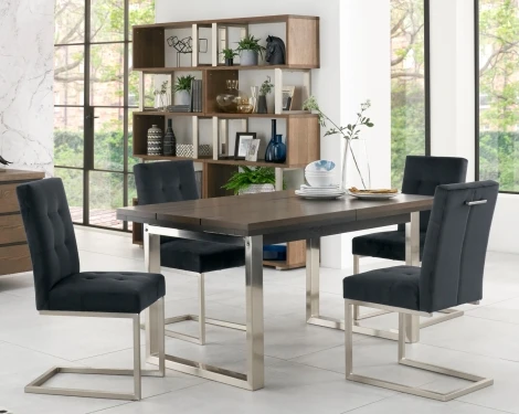 Tivoli Dark Oak 4-6 Seater Table & 4 Cantilever Chairs in Gun Metal Velvet