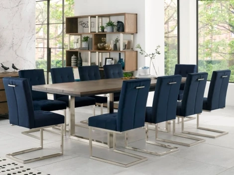 Tivoli Dark Oak 6-10 Seater Table & 10 Cantilever Chairs in Dark Blue Velvet